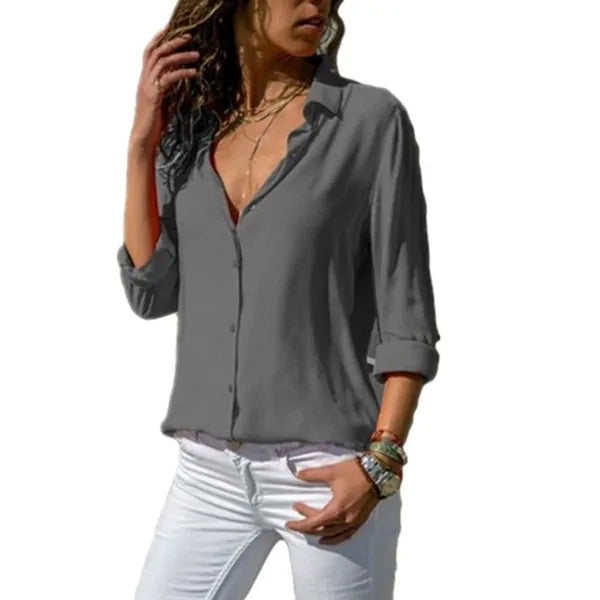 2020 Summer Women's White Chiffon Blouse - Long Sleeve Button-Up