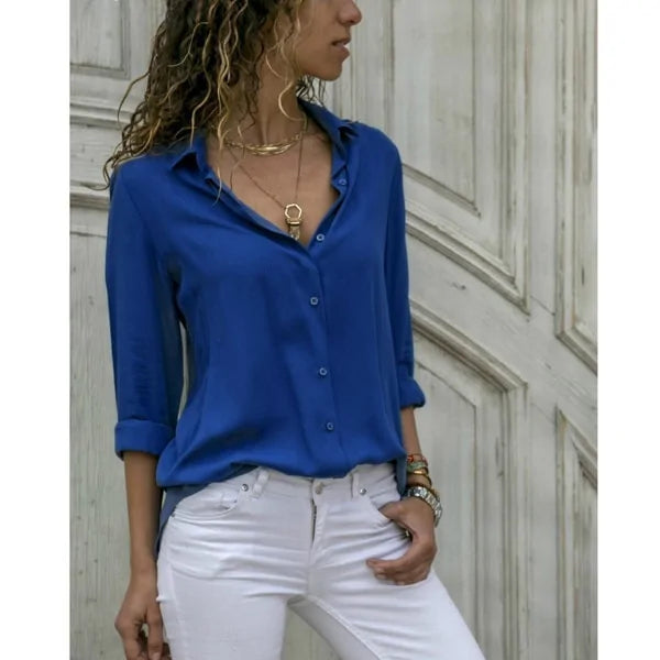 2020 Summer Women's White Chiffon Blouse - Long Sleeve Button-Up