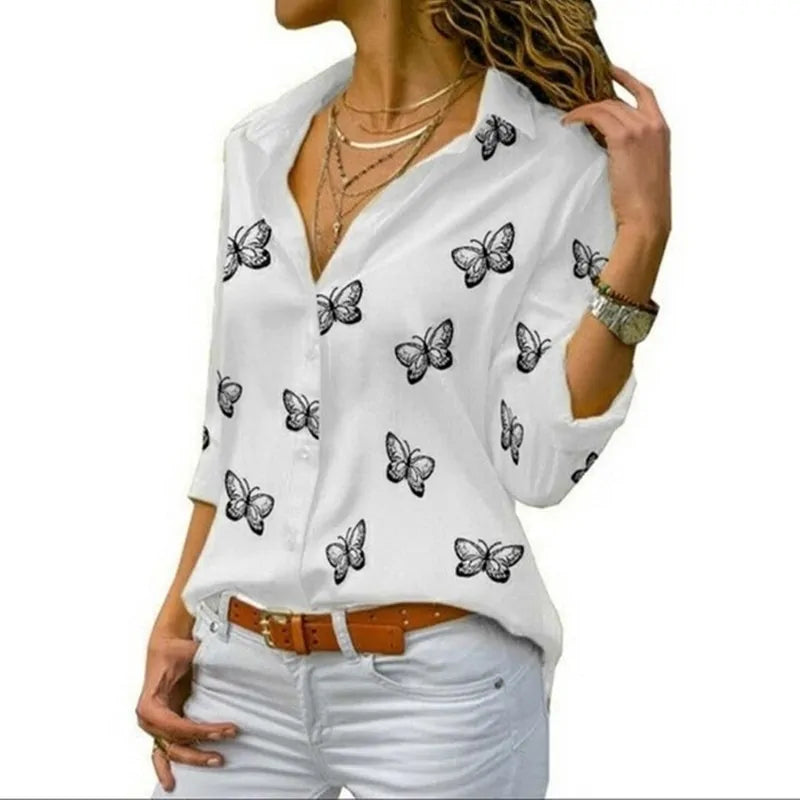 2020 Summer Women's White Chiffon Blouse - Long Sleeve Button-Up