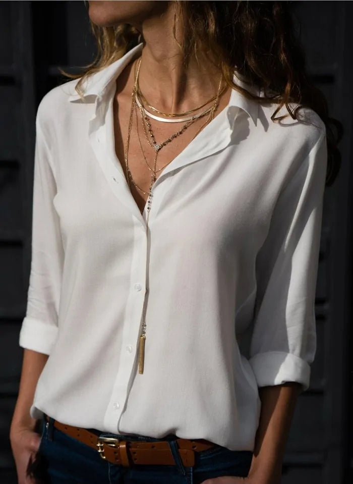 2020 Summer Women's White Chiffon Blouse - Long Sleeve Button-Up