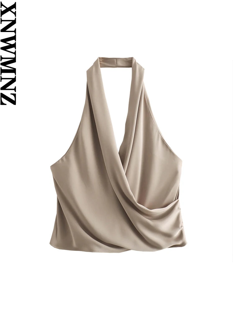 XNWMNZ Women's Fashion 2023 satin halter top women high street backless side pleated versatile female chic top