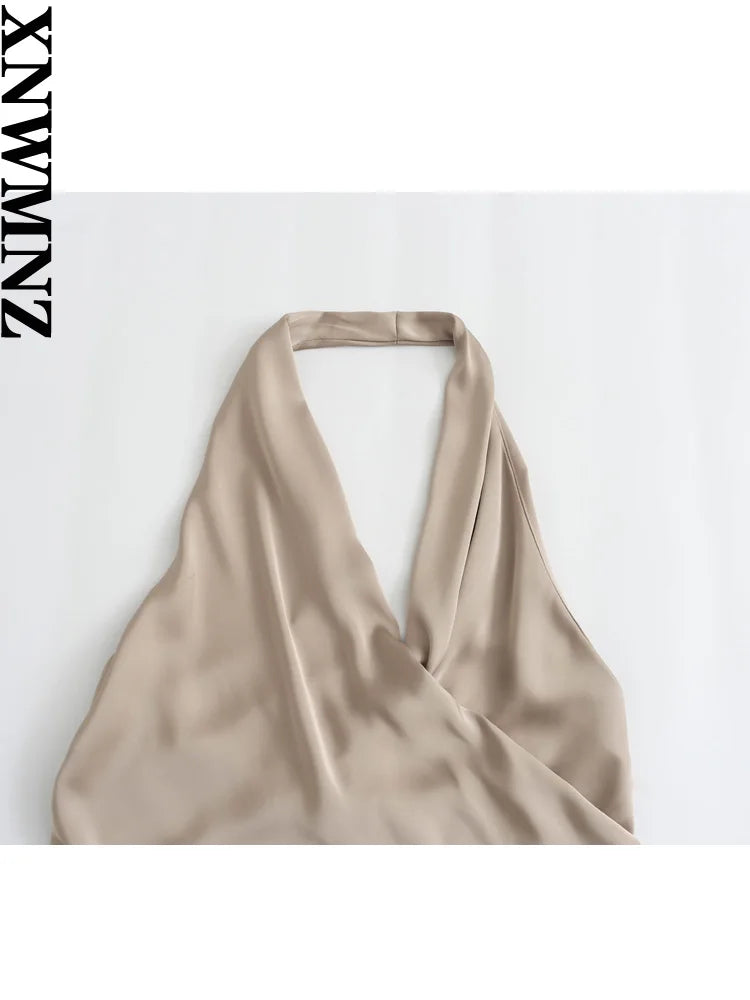 XNWMNZ Women's Fashion 2023 satin halter top women high street backless side pleated versatile female chic top
