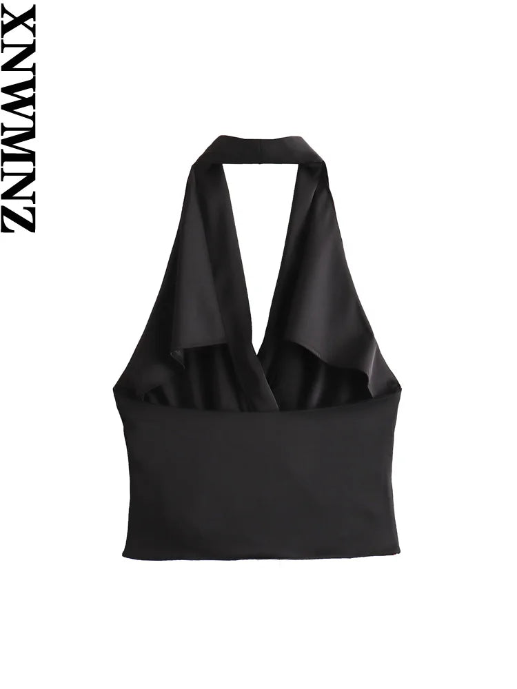 XNWMNZ Women's Fashion 2023 satin halter top women high street backless side pleated versatile female chic top