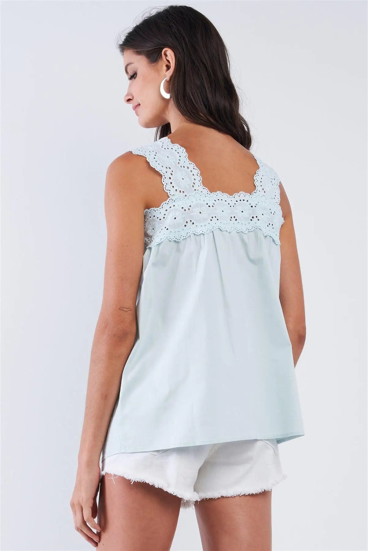 Light Blue Babydoll Loose Fit Sleeveless Embroidered Square Cut Shoulder Hem Top /1-2-2-1