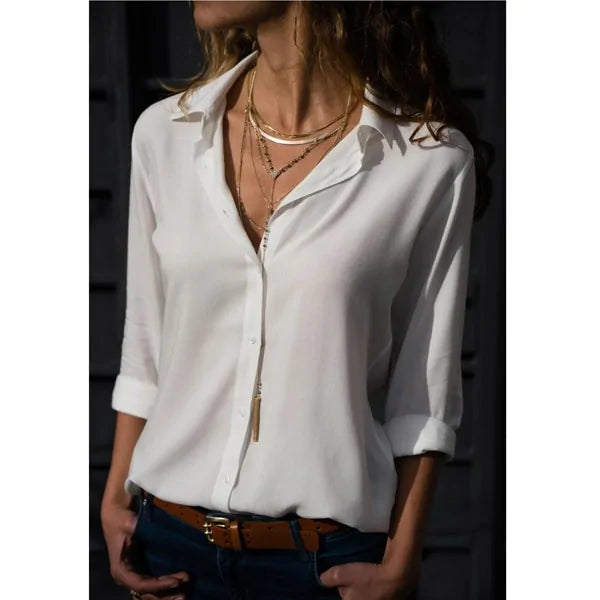 2020 Summer Women's White Chiffon Blouse - Long Sleeve Button-Up