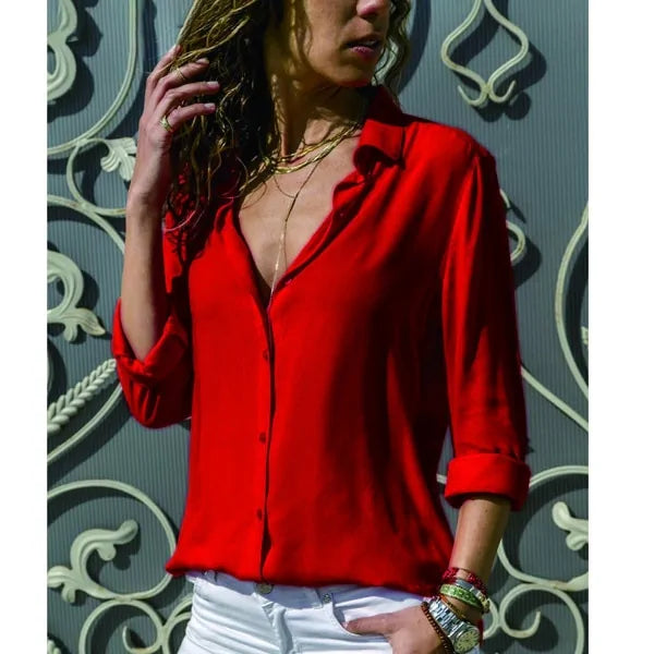 2020 Summer Women's White Chiffon Blouse - Long Sleeve Button-Up