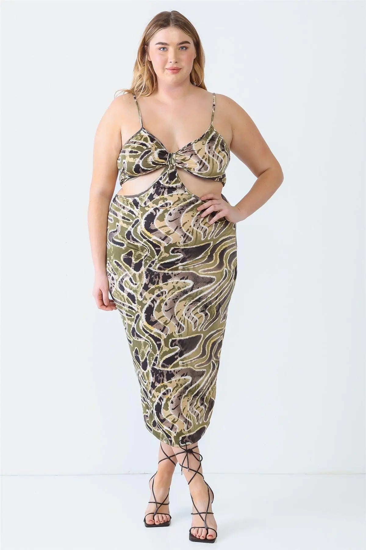 Olive Plus Size Printed Bow Cut-Out Sleeveless Midi Dress