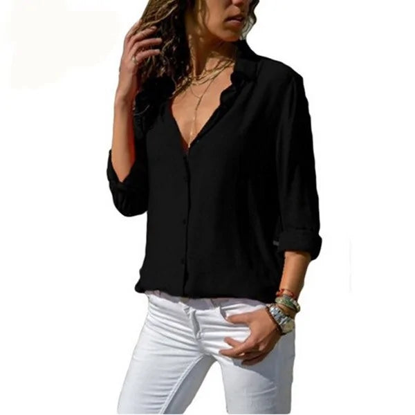 2020 Summer Women's White Chiffon Blouse - Long Sleeve Button-Up