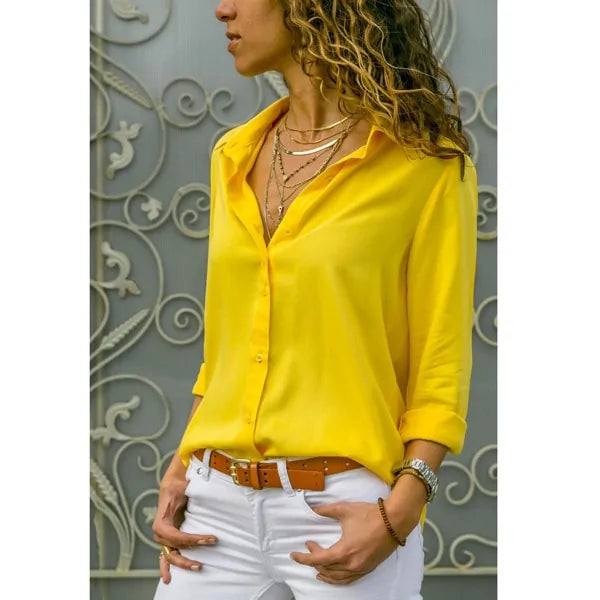 2020 Summer Women's White Chiffon Blouse - Long Sleeve Button-Up