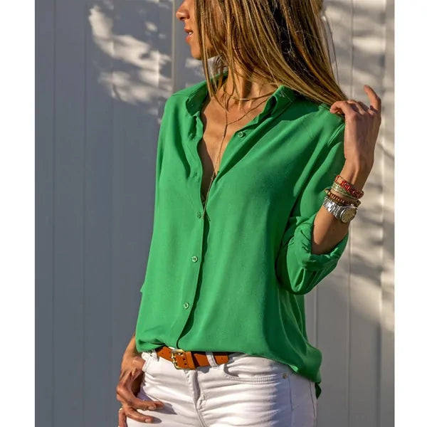2020 Summer Women's White Chiffon Blouse - Long Sleeve Button-Up