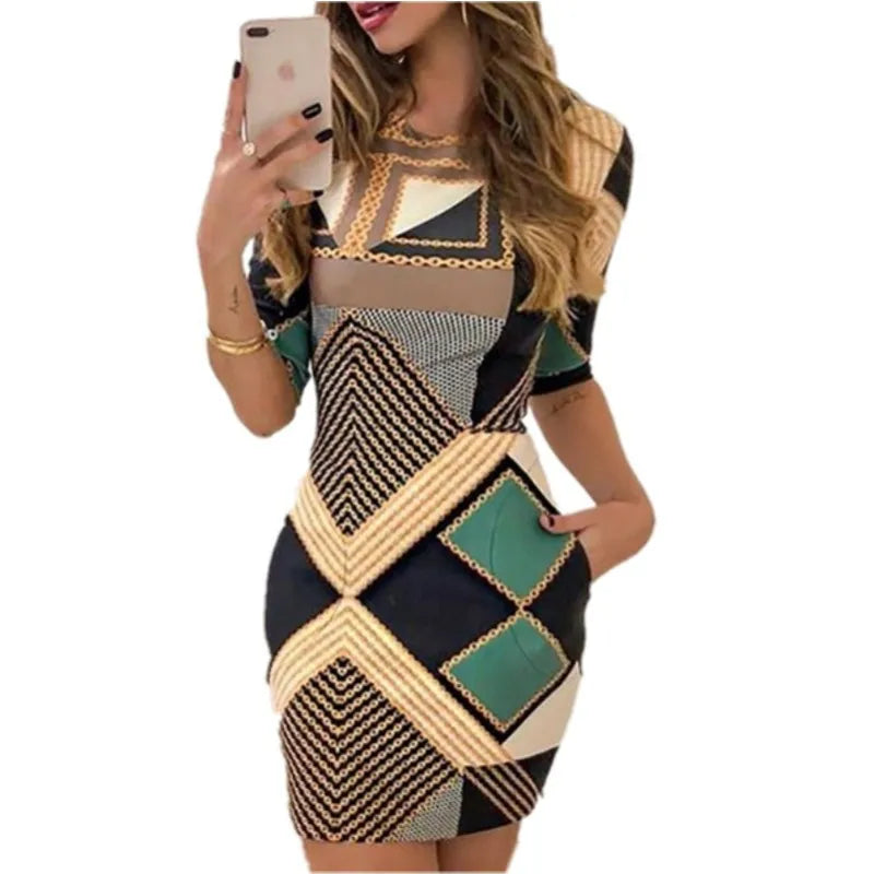 2024 Spring Summer New Women's Fashion Slim Pocket Positioning Floral Print Mid-Length Sleeves Dress High Waist