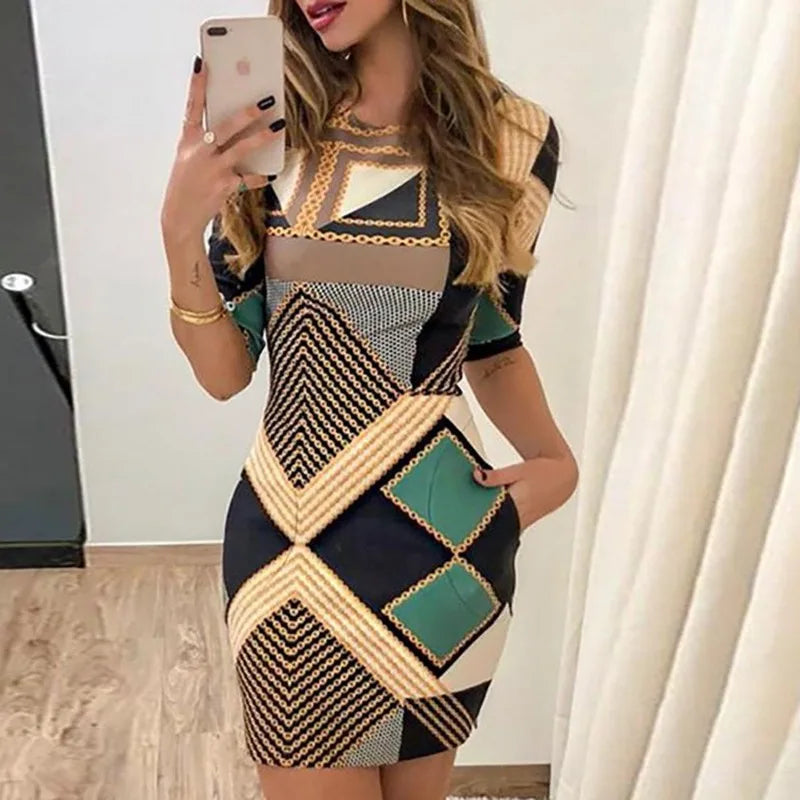 2024 Spring Summer New Women's Fashion Slim Pocket Positioning Floral Print Mid-Length Sleeves Dress High Waist