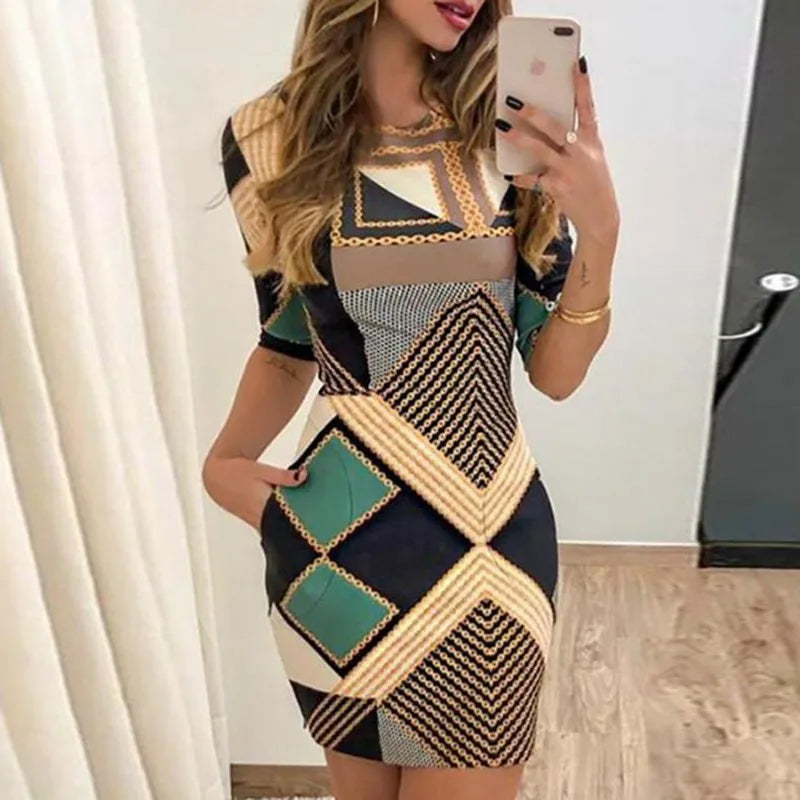 2024 Spring Summer New Women's Fashion Slim Pocket Positioning Floral Print Mid-Length Sleeves Dress High Waist