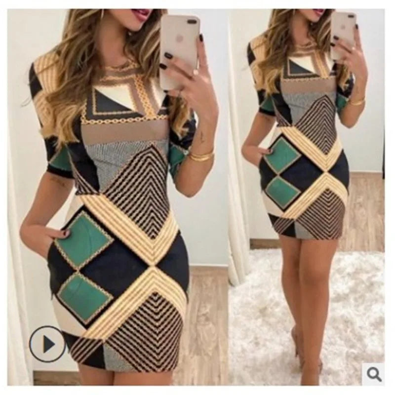2024 Spring Summer New Women's Fashion Slim Pocket Positioning Floral Print Mid-Length Sleeves Dress High Waist