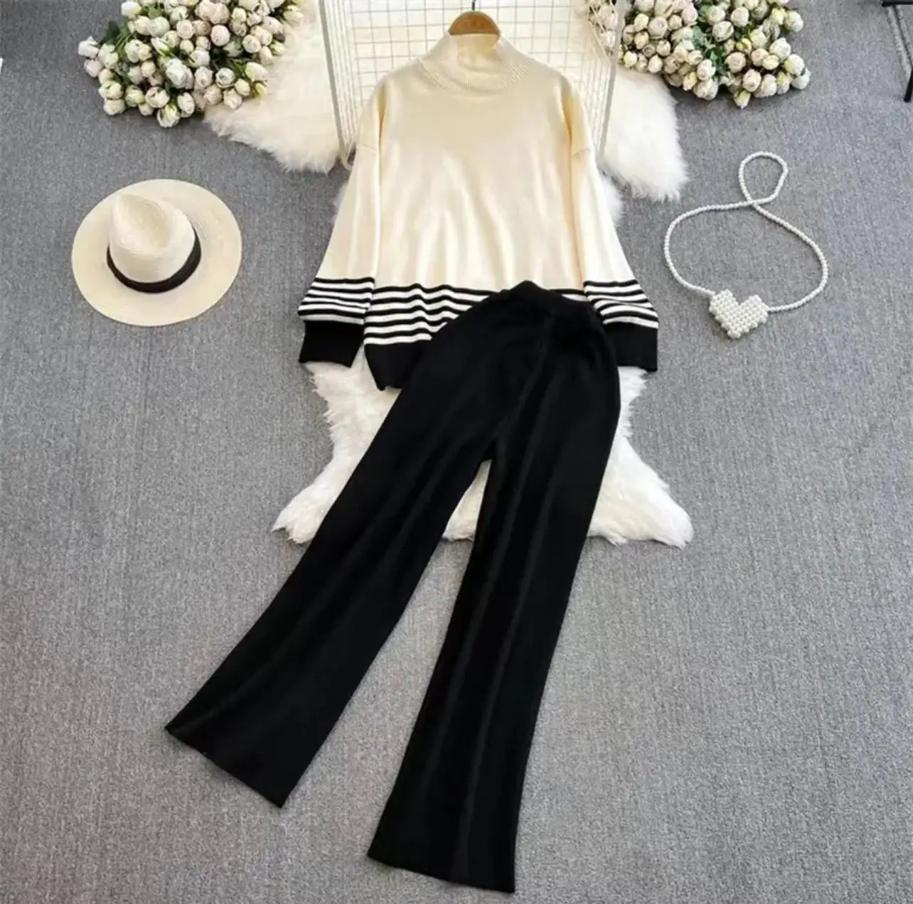 Half High Collar Stripe Stitching Pullover Sweater Women's